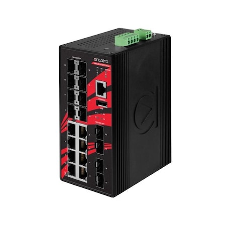 Antaira 20-Port Industrial Gigabit Light Layer 3 Managed Ethernet Switch, with 8-10/100/1000Tx and 12-100/10 LMX-2012G-SFP